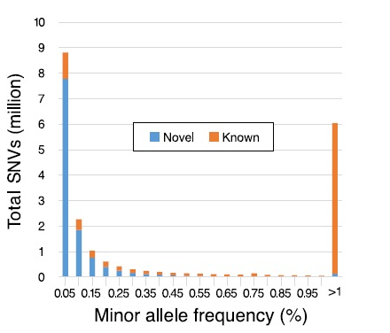 図1：新規と既知のSNVのアレル頻度毎の総数