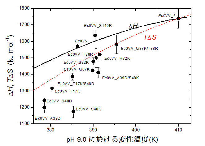 図4　荷電性変異型の熱力学的パラメータの温度依存性