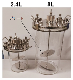 2.4リットルと8リットルの縦型培養装置