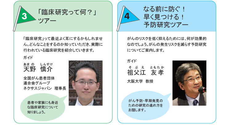 左：3.「臨床研究って何？」ツアー 「臨床研究」「臨床試験」「治験」それらはどのような内容でしょうか。臨床研究を行っている研究課題をめぐるツアーです。天野 慎介 （全国がん患者団体連合会グループネクサスジャパン理事長）右：4.なる前に防ぐ！早く見つける！予防研究ツアー 総合的な健康にも配慮しながら、がんのリスクを低く抑えるためには、何が効果的なのでしょう。がんの発生を減らす予防についての研究課題をめぐるツアーです。祖父江 友孝（大阪大学　教授）