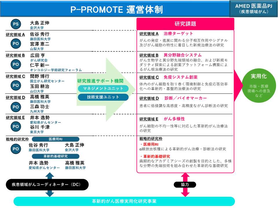 次世代がん医療加速化研究事業(P-PROMOTE)体制図 詳細テキストは、下記「次世代がん医療加速化研究事業 体制図.pdf」に記載