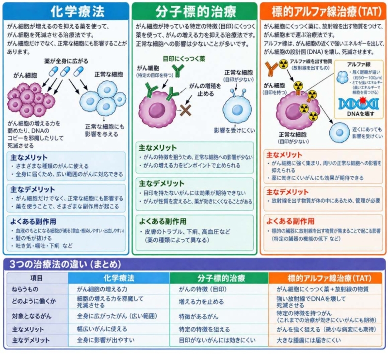 図2 化学療法、分子標的治療および標的アルファ線治療の比較
